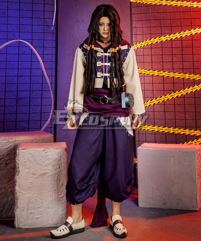 Jabber Wonger cosplay costume front and side view showcasing the purple patchwork jacket with plaid center panel and black hood, worn with loose dark purple pants