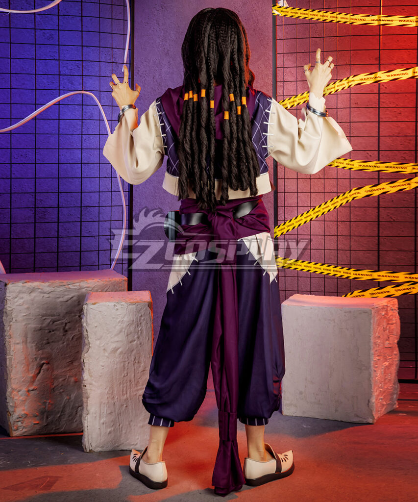 Jabber Wonger costume back view showing purple loose pants drape and belt length on model wearing men's size M
