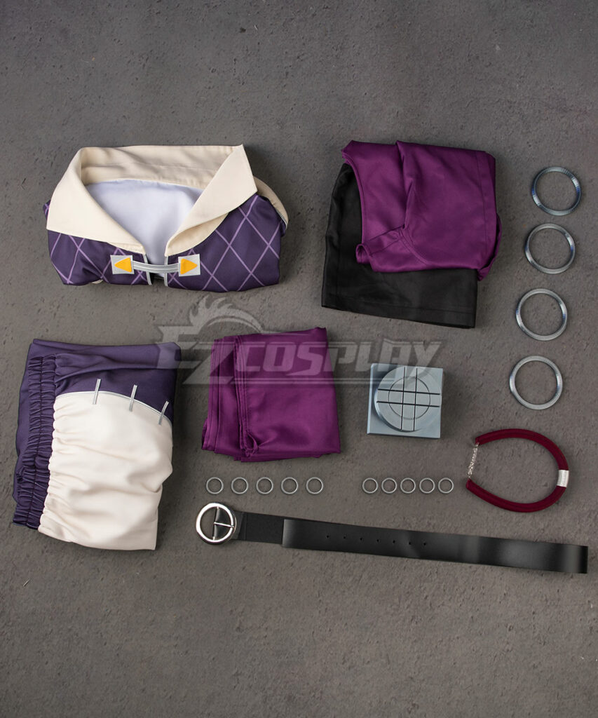 Jabber Wonger cosplay accessories collection including red choker, purple belt with pockets, white waist wrap, purple pockets, rings, bracelets, and character props