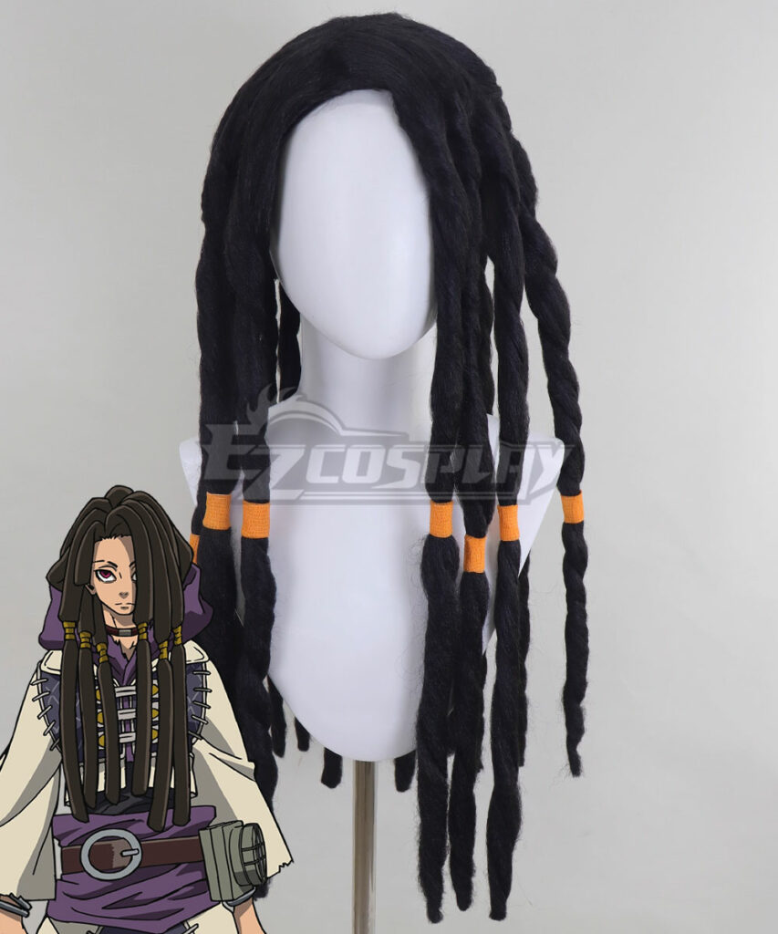 GACHI AKUTA Jabber Wonger pre-styled cosplay wig with black dreadlocks and orange band accents, shown with character reference