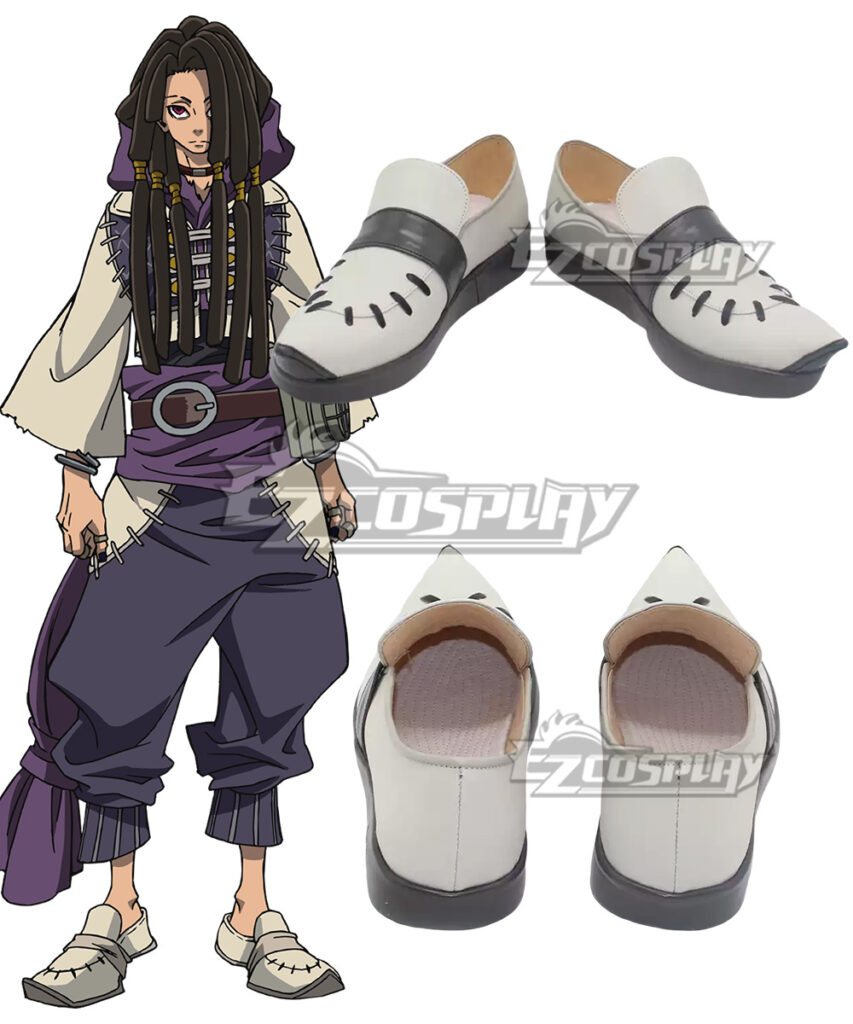 GACHI AKUTA Jabber Wonger white cosplay shoes with black stripes and rounded clog-like toes shown from multiple angles with character reference