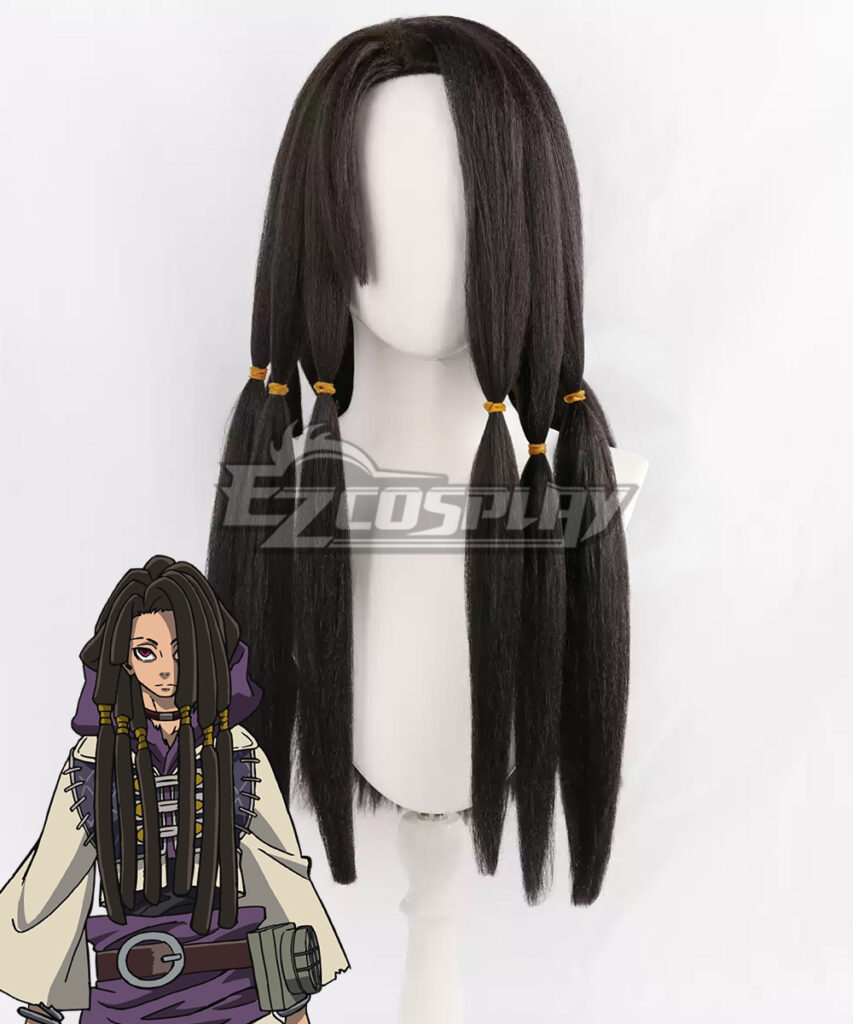 GACHIAKUTA Jabber Wonger basic cosplay wig with black straight to curly hair and gold band accents, with character reference