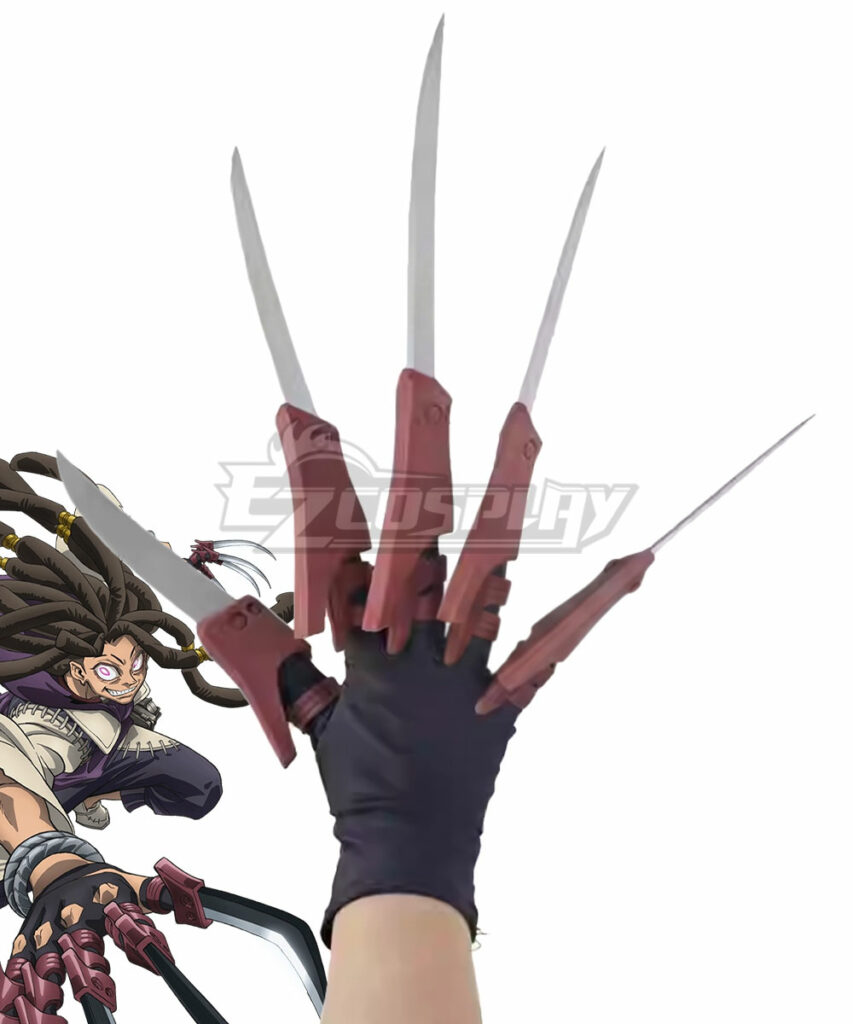 Jabber Wonger claw props and hand gauntlets with silver blade-like extensions and red metallic covers for fingers