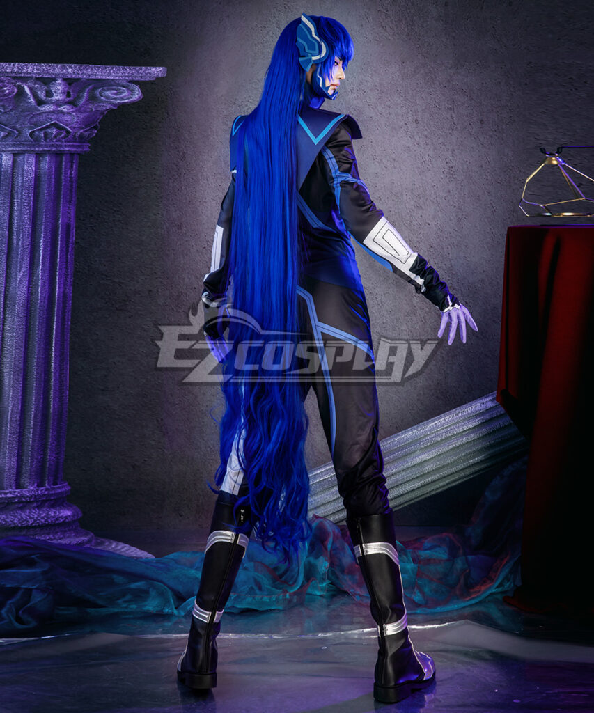 Shin Megami Tensei V Nahobino cosplay costume back view with blue hair and black and white outfit slim-fit reference